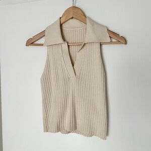 Ribbed Beige Sleeveless Knit Top